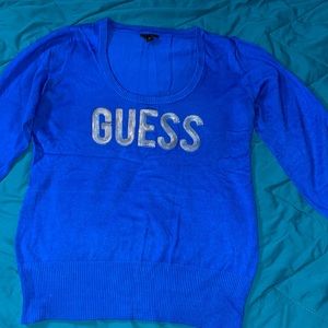 G by Guess Silver Sequined Royal Blue Scoop Neck Sweater XL (Like New)